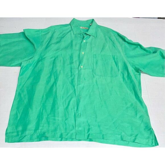Peter Millar Shirt Mens Large Green Button Up Short Sleeve Linen Silk Blend A18 - Picture 1 of 8